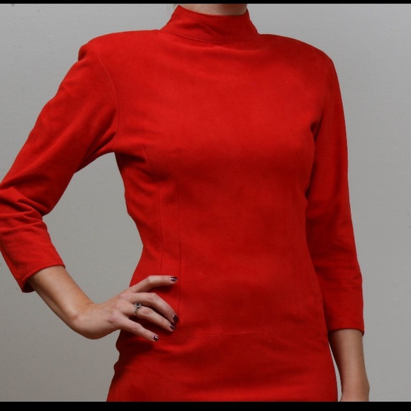 Vintage 1970s I. Magnin Firenze Red Lamb Suede Mockneck Sheath Cocktail Dress - Picture 5 of 10